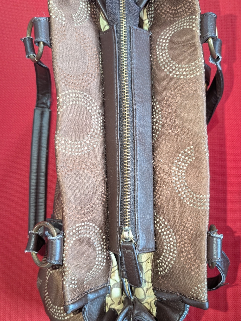 Purse Tote Shoulder Bag Dark Brown Trim Dotted C Coach Logo Design Decent Shape - Picture 12 of 13